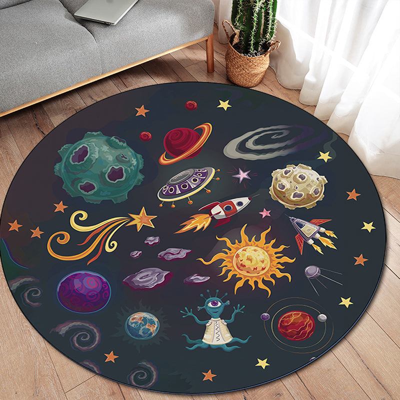 Vivolux | Kinderschlafzimmerteppich in Schwarz Weltraum Alien Planet Raketenmuster Teppich Polyester Maschinenwaschbar Teppich für den Bereich
