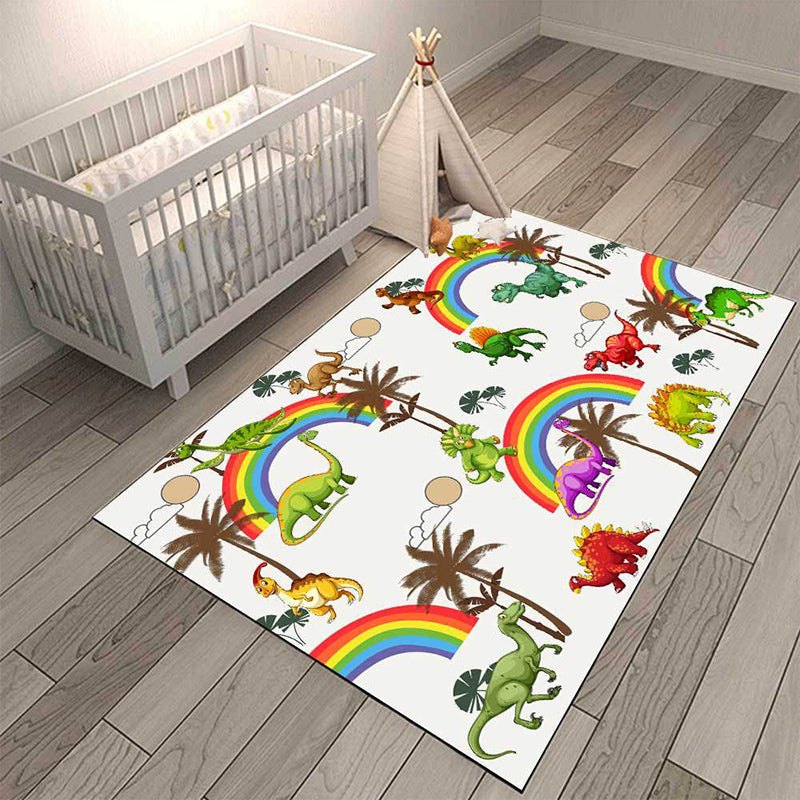 Vivolux | Witte Kinderkamer Tapijt Kinderen Dier Dinosaurussen Regenboog Boom Patroon Gebied Tapijt Polyester Wasbaar Huisdiervriendelijk Vloerkleed