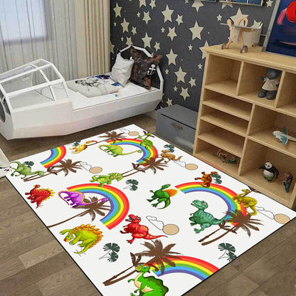 Vivolux | Witte Kinderkamer Tapijt Kinderen Dier Dinosaurussen Regenboog Boom Patroon Gebied Tapijt Polyester Wasbaar Huisdiervriendelijk Vloerkleed