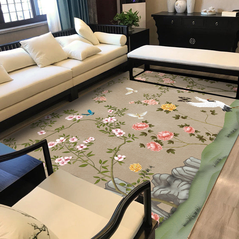 Vivolux | Vintage Floral Pattern Teppich mit Vogel und Blatt Khaki Polyester Teppich Maschinenwaschbar Rutschfester Teppich für das Wohnzimmer