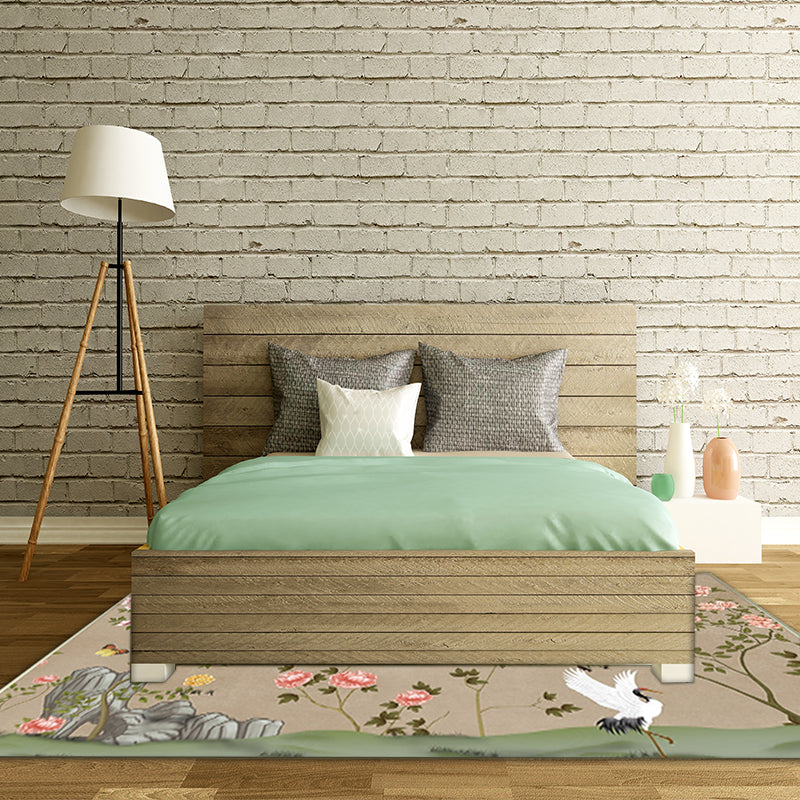 Vivolux | Vintage Floral Pattern Teppich mit Vogel und Blatt Khaki Polyester Teppich Maschinenwaschbar Rutschfester Teppich für das Wohnzimmer