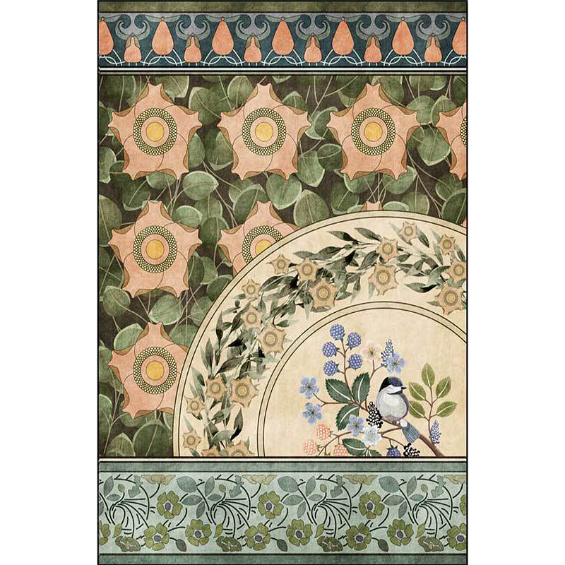 Vivolux | Grüner orientalischer Teppich Polyester florales und Vogelmuster Teppich waschbar rutschfeste Rückseite Teppich für Schlafzimmer