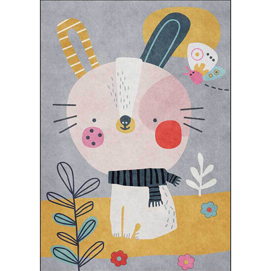 Vivolux | Casual Kinder Teppich in Grau Tier Hase Blume Blatt Muster Teppich Polyester Tierfreundlich Waschbar Teppich für Kinderzimmer