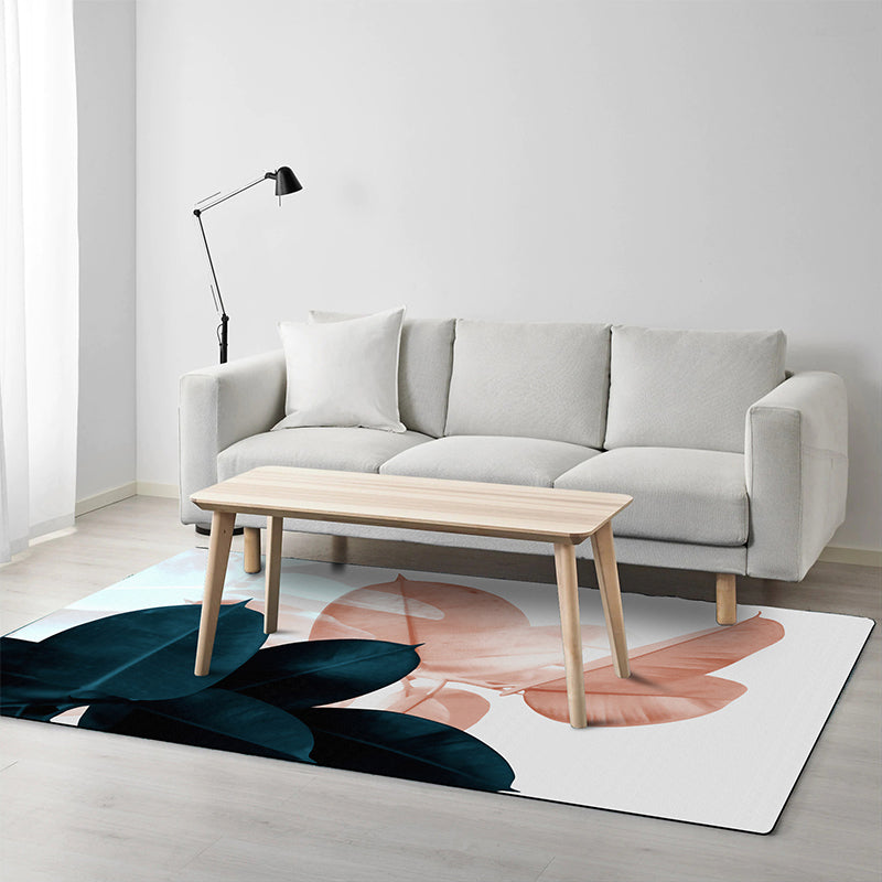 Vivolux | Einfaches Blattmuster Teppich Dunkelblau Orientalischer Teppich Polyester Waschbar Rutschfeste Rückseite Wohnzimmer Teppich