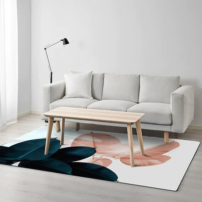 Vivolux | Einfaches Blattmuster Teppich Dunkelblau Orientalischer Teppich Polyester Waschbar Rutschfeste Rückseite Wohnzimmer Teppich