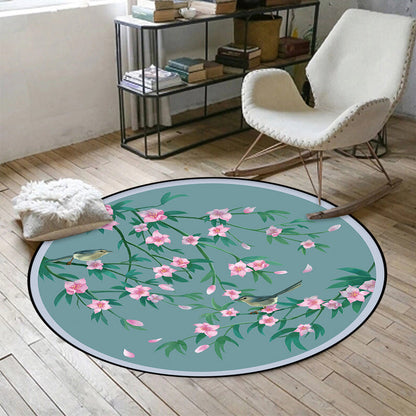 Vivolux | Retro Floral Pattern Teppich mit Vogel und Blatt Blau Orientalischer Teppich Polyester Waschbar Rutschfeste Unterlage Teppich für Wohnzimmer