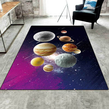 Vivolux | Kinder Schlafzimmer Teppich in Schwarz und Lila Außenraum Galaxie Planeten Druck Teppich Polyester Maschinenwaschbarer Teppich