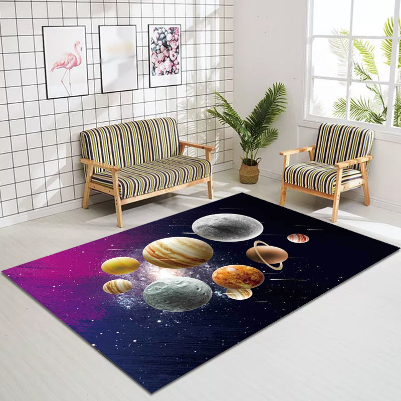 Vivolux | Kinder Schlafzimmer Teppich in Schwarz und Lila Außenraum Galaxie Planeten Druck Teppich Polyester Maschinenwaschbarer Teppich