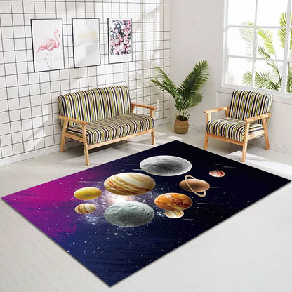 Vivolux | Kinder Schlafzimmer Teppich in Schwarz und Lila Außenraum Galaxie Planeten Druck Teppich Polyester Maschinenwaschbarer Teppich