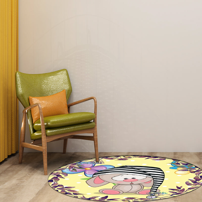 Vivolux | Süßer Cartoon-Maus-Musterteppich mit floralen und blattgelben Kinderteppich aus Polyester waschbar rutschfester Bereichsteppich für das Kinderzimmer