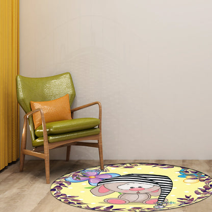 Vivolux | Süßer Cartoon-Maus-Musterteppich mit floralen und blattgelben Kinderteppich aus Polyester waschbar rutschfester Bereichsteppich für das Kinderzimmer