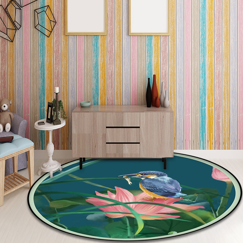 Vivolux | Vintage Lotus Muster Teppich mit Vogel und Blatt Grüner Polyester Teppich Maschinenwaschbar Rutschfester Teppich für das Wohnzimmer