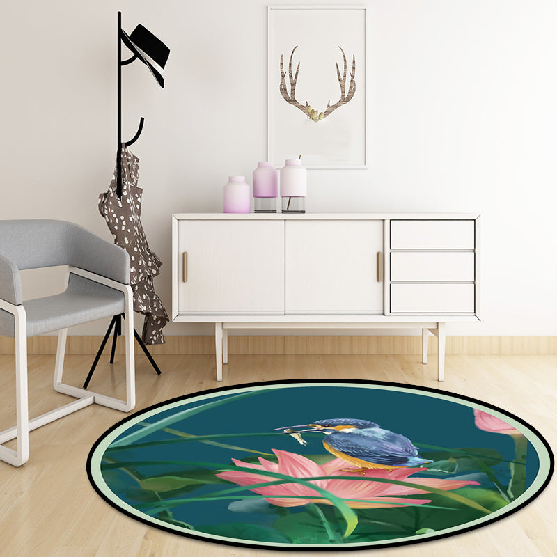 Vivolux | Vintage Lotus Muster Teppich mit Vogel und Blatt Grüner Polyester Teppich Maschinenwaschbar Rutschfester Teppich für das Wohnzimmer