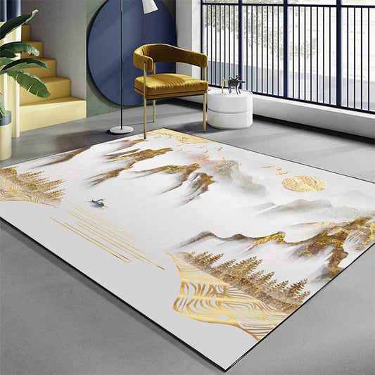 Vivolux | Retro Bergmuster Teppich mit Charakter und Vogel Goldener Orientalischer Teppich Polyester Waschbar Rutschfeste Matte für Wohnzimmer