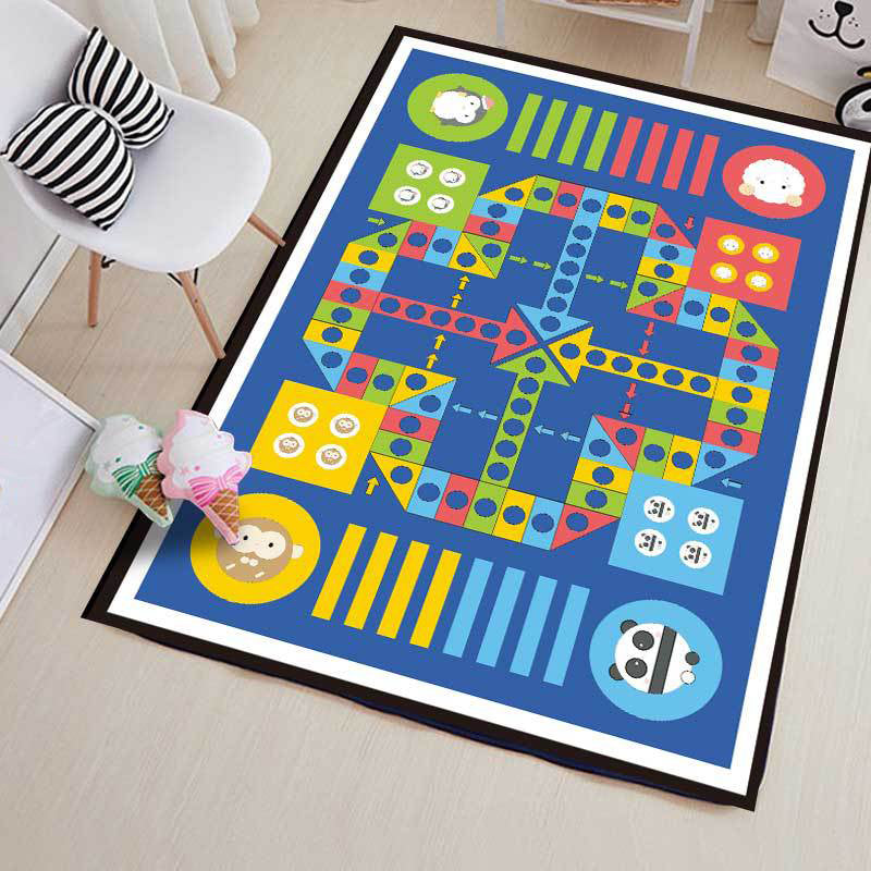 Vivolux | Blauer Kinderzimmer-Teppich Kinder Lernspiel Ludo Muster Teppich Polyester Haustierfreundlich Waschbarer Teppich
