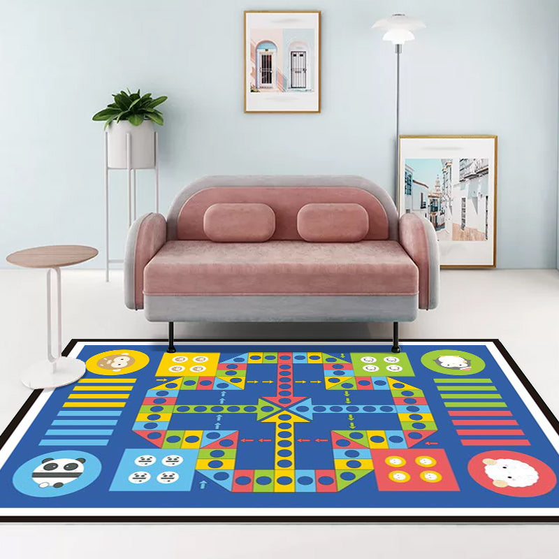 Vivolux | Blauer Kinderzimmer-Teppich Kinder Lernspiel Ludo Muster Teppich Polyester Haustierfreundlich Waschbarer Teppich
