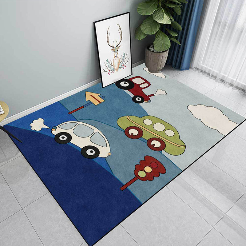 Vivolux | Blauer Kinderzimmerteppich Kinderautos & Straßen Schild Wolkenmuster Teppich Polyester Waschbar Tierfreundlicher Teppich