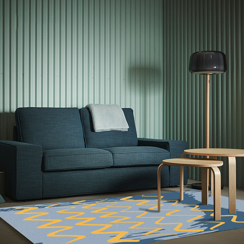 Vivolux | Lässiger Neuheitsteppich in Blau Geometrisches Wellenmuster Teppich Polyester Fleckenresistenter Teppich für die Wohnkultur