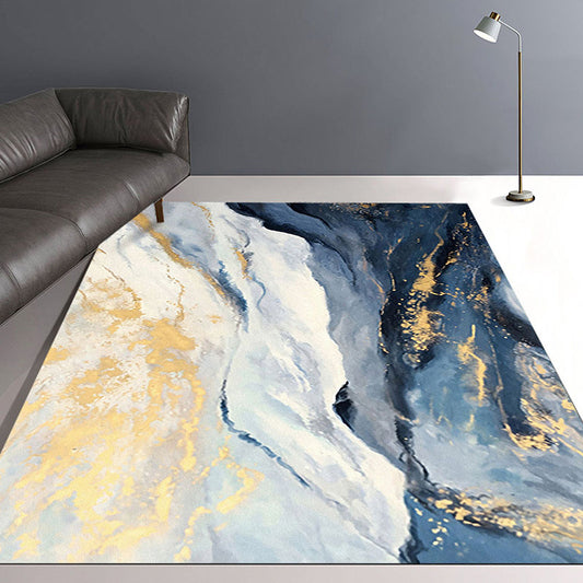 Vivolux | Blau und Gold Schlafzimmer Teppich Modern abstraktes Wolkenmuster Bereichsteppich Polyester rutschfest waschbarer Teppich