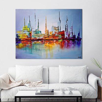 Vivolux | Skyscrapers Schilderij Hedendaagse Indrukwekkende Stadsgezicht Wandkunst Print in Oranje-Blauw