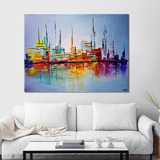 Vivolux | Skyscrapers Schilderij Hedendaagse Indrukwekkende Stadsgezicht Wandkunst Print in Oranje-Blauw