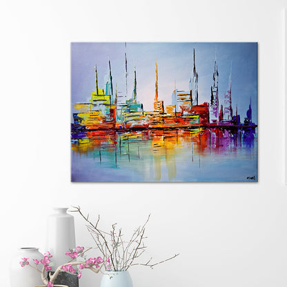 Vivolux | Skyscrapers Schilderij Hedendaagse Indrukwekkende Stadsgezicht Wandkunst Print in Oranje-Blauw