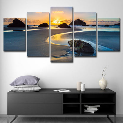 Vivolux | Gelbe Sonnenuntergang Gezeitenflach Leinwand Mehrteilige Wandkunst-Druck für Hausinterieur