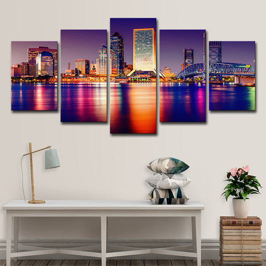 Vivolux | Riverside Wolkenkrabbers Nachtzicht Kunstafdruk Paars Canvas Wanddecoratie, Meerdere Stukken