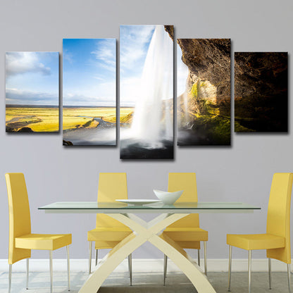 Vivolux | Lichtblauwe Landschap Muurdecoratie Waterval Uitzicht van Binnen Moderne Multi-Piece Canvas