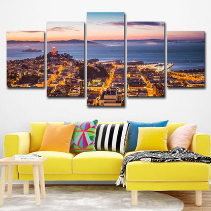 Vivolux | Alcatraz Island Nacht Landschaftsleinwand Kunst Global Inspiriert Multi-Stück Home Wanddekoration in Braun