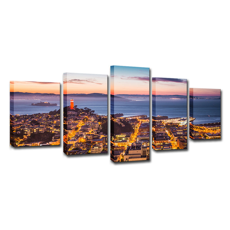 Vivolux | Alcatraz Island Nacht Landschaftsleinwand Kunst Global Inspiriert Multi-Stück Home Wanddekoration in Braun