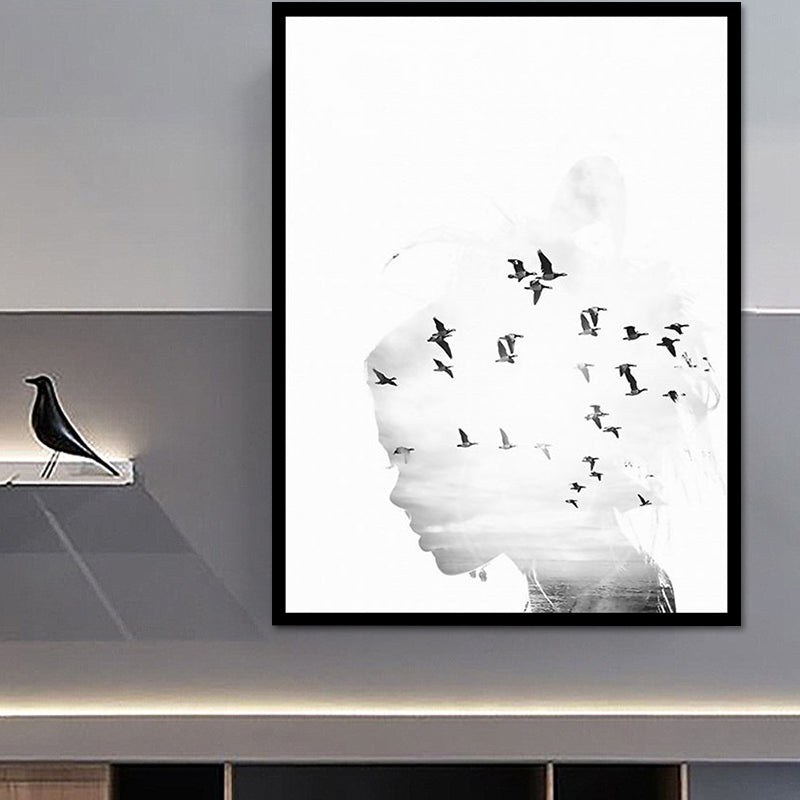 Vivolux | Canvas Witte Kunstafdruk Modernisme Vogel Opstap en Vrouwenhoofd Wanddecoratie voor Woonkamer