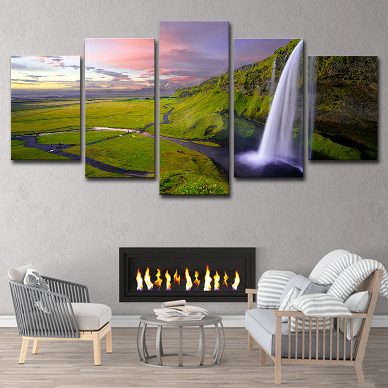 Vivolux | Waterval en Grasland Landschap Canvas Kunst Moderne Multi-Stuk Muurdecor in Groen