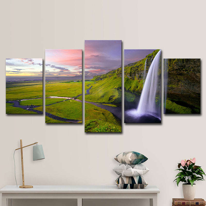 Vivolux | Waterval en Grasland Landschap Canvas Kunst Moderne Multi-Stuk Muurdecor in Groen