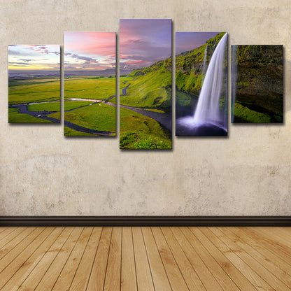 Vivolux | Waterval en Grasland Landschap Canvas Kunst Moderne Multi-Stuk Muurdecor in Groen