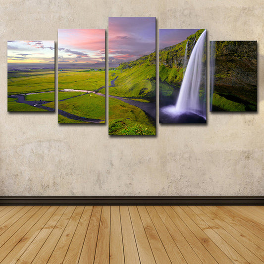 Vivolux | Waterval en Grasland Landschap Canvas Kunst Moderne Multi-Stuk Muurdecor in Groen