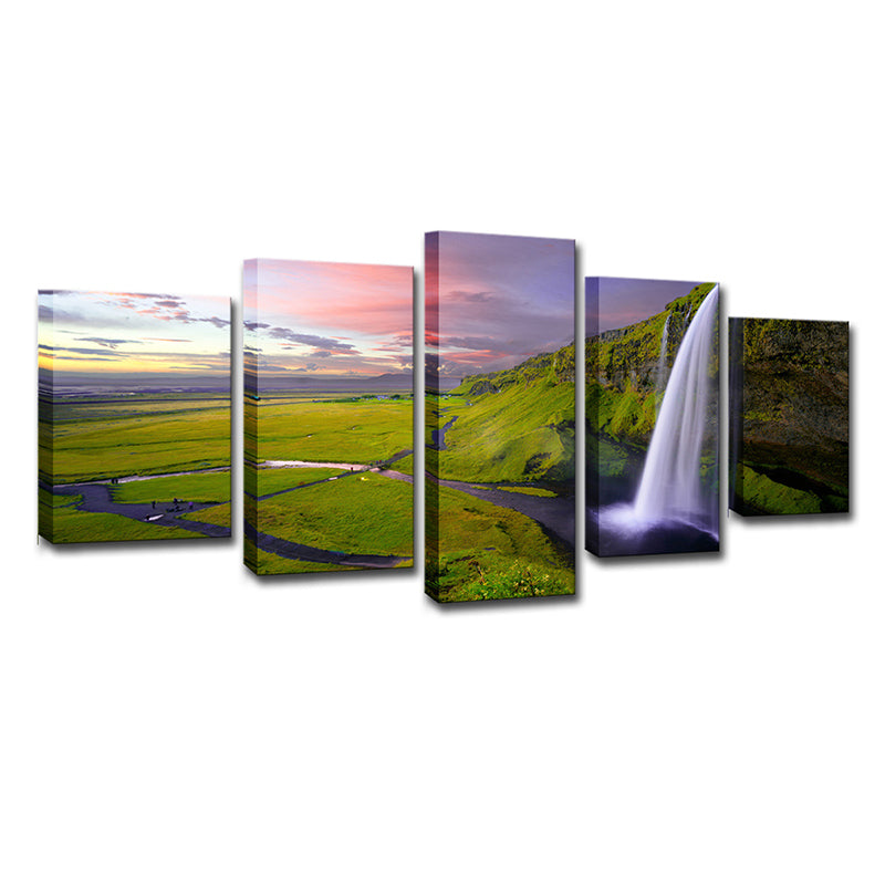 Vivolux | Waterval en Grasland Landschap Canvas Kunst Moderne Multi-Stuk Muurdecor in Groen