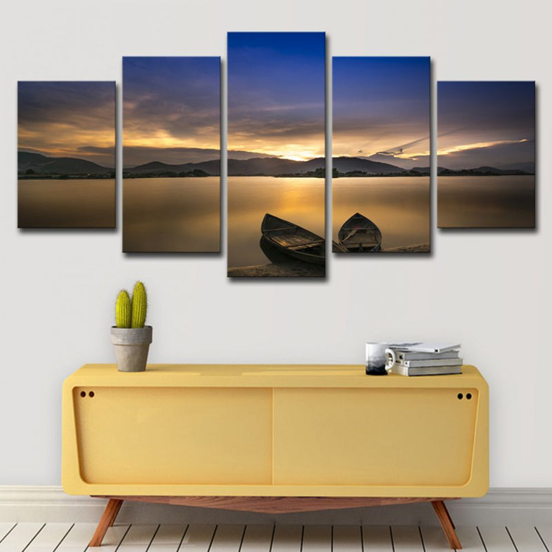Vivolux | Lichtgele moderne canvasprint gestrande boten op het meer zonsondergang uitzicht wanddecoratie voor thuis