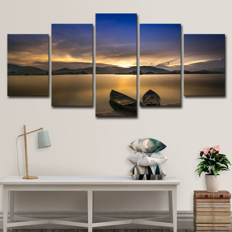 Vivolux | Lichtgele moderne canvasprint gestrande boten op het meer zonsondergang uitzicht wanddecoratie voor thuis