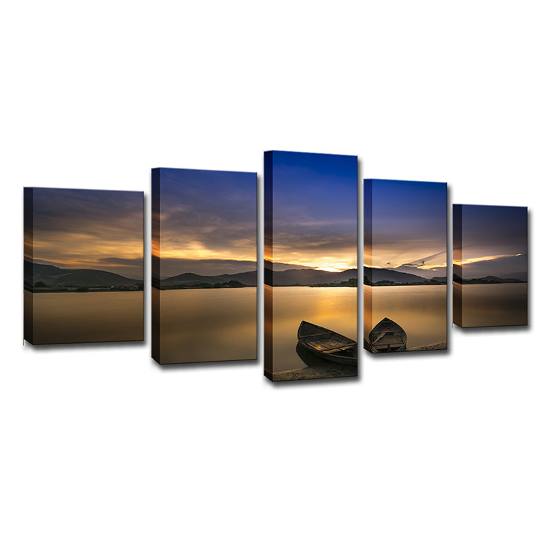 Vivolux | Lichtgele moderne canvasprint gestrande boten op het meer zonsondergang uitzicht wanddecoratie voor thuis