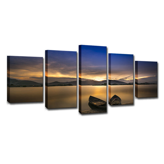 Vivolux | Lichtgele moderne canvasprint gestrande boten op het meer zonsondergang uitzicht wanddecoratie voor thuis