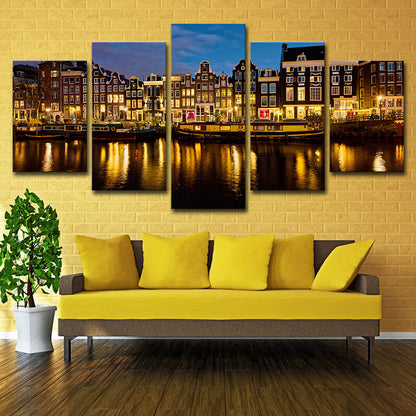 Vivolux | Amsterdam Canal Night Landscape Art Print Modern Multi-Piece Living Room Decor Wall Decoration