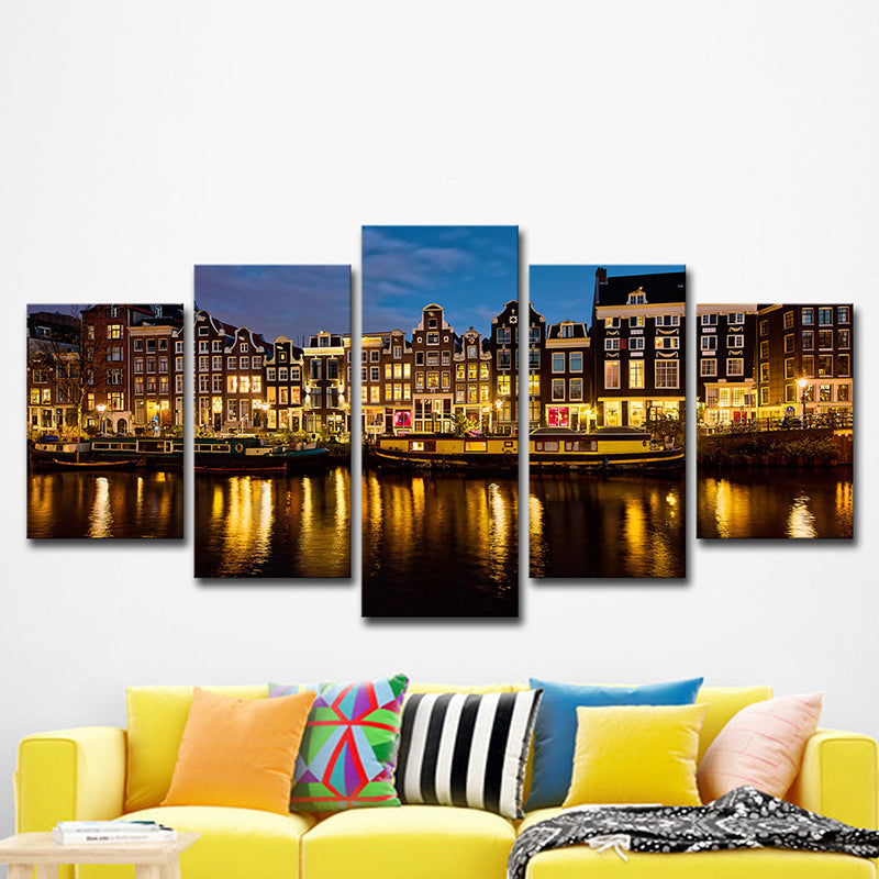 Vivolux | Amsterdam Canal Night Landscape Art Print Modern Multi-Piece Living Room Decor Wall Decoration