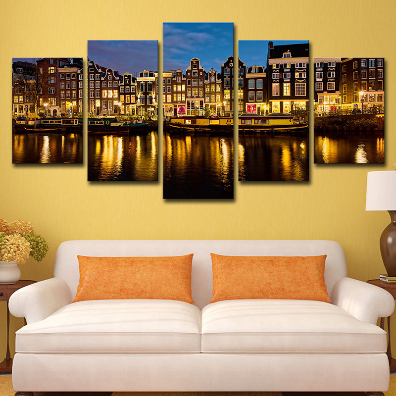 Vivolux | Amsterdam Canal Night Landscape Art Print Modern Multi-Piece Living Room Decor Wall Decoration