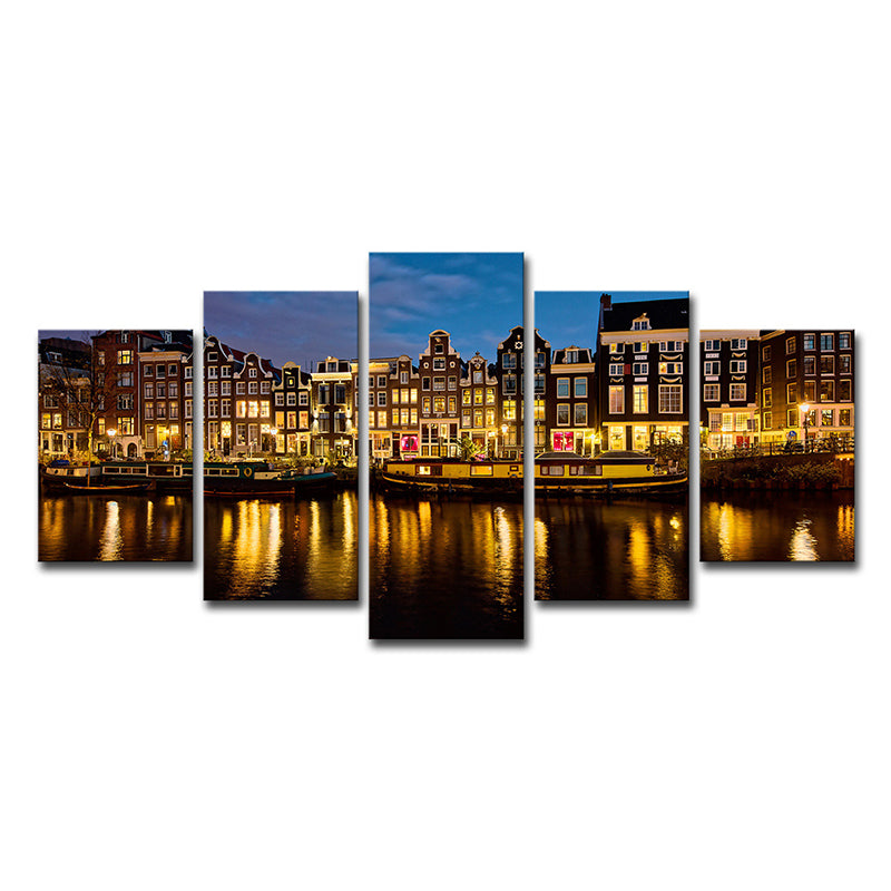 Vivolux | Amsterdam Canal Night Landscape Art Print Modern Multi-Piece Living Room Decor Wall Decoration