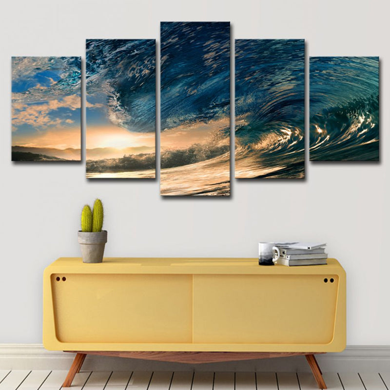 Vivolux | Sunset Surge Seascape Wandkunst Moderne Mehrteiliges Leinwanddruck in Blau für Schlafzimmer