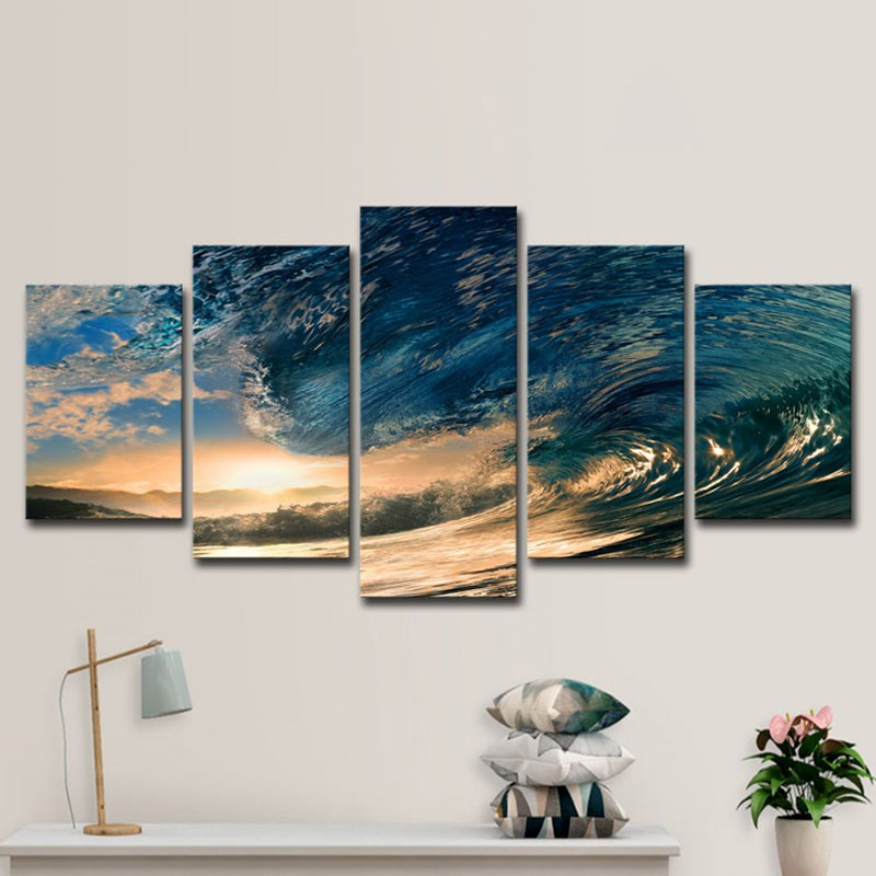 Vivolux | Sunset Surge Seascape Wandkunst Moderne Mehrteiliges Leinwanddruck in Blau für Schlafzimmer