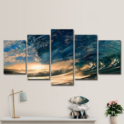 Vivolux | Sunset Surge Seascape Wandkunst Moderne Mehrteiliges Leinwanddruck in Blau für Schlafzimmer
