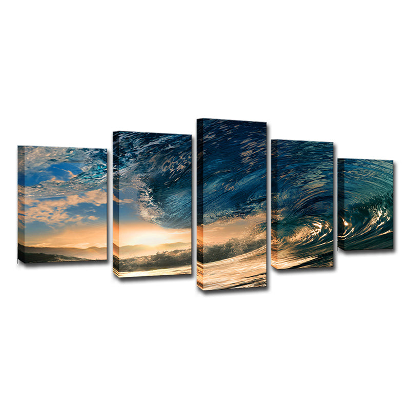 Vivolux | Sunset Surge Seascape Wandkunst Moderne Mehrteiliges Leinwanddruck in Blau für Schlafzimmer
