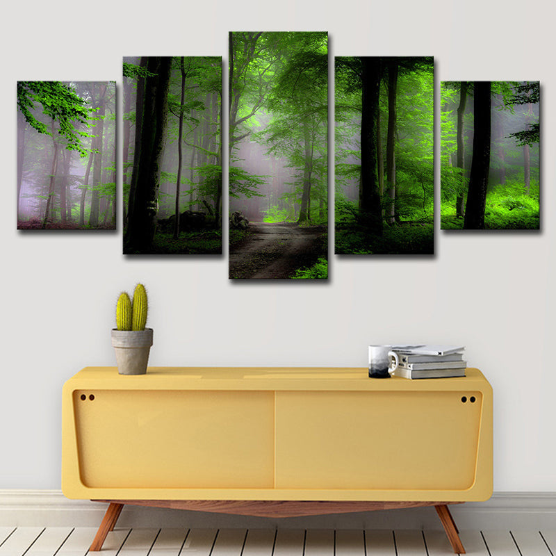 Vivolux | Dawn Forest View Wandkunst Hedendaagse Rustige Natuurlijke Landschap Canvasprint in Groen